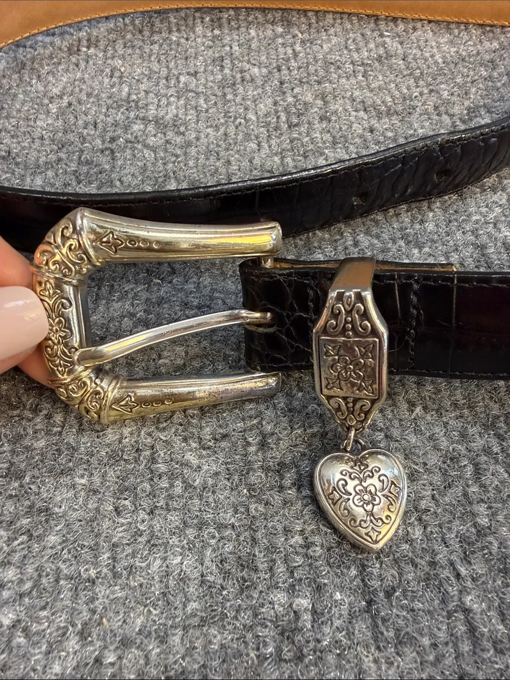 Brighton Belt ML/32 Black Embossed Leather Heart Charm B7103 Cowgirl Western